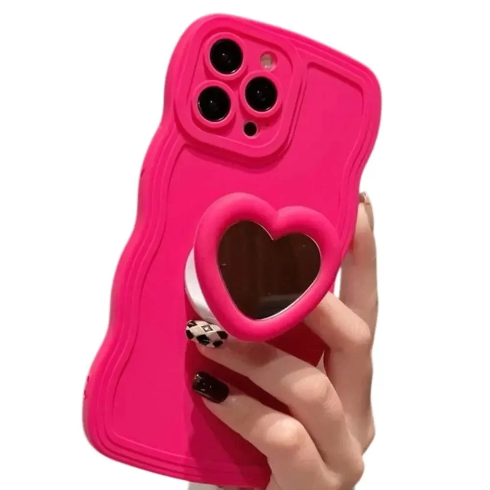 Hot Pink Apple iPhone 14 Plus 15 Plus Case Heart Mirror Kawaii Barbiecore Glam